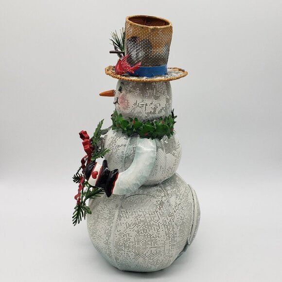 Metal Christmas Smiling Snowman Holding Wreath Bird on Hat Votive Candle Decor - Picture 3 of 11